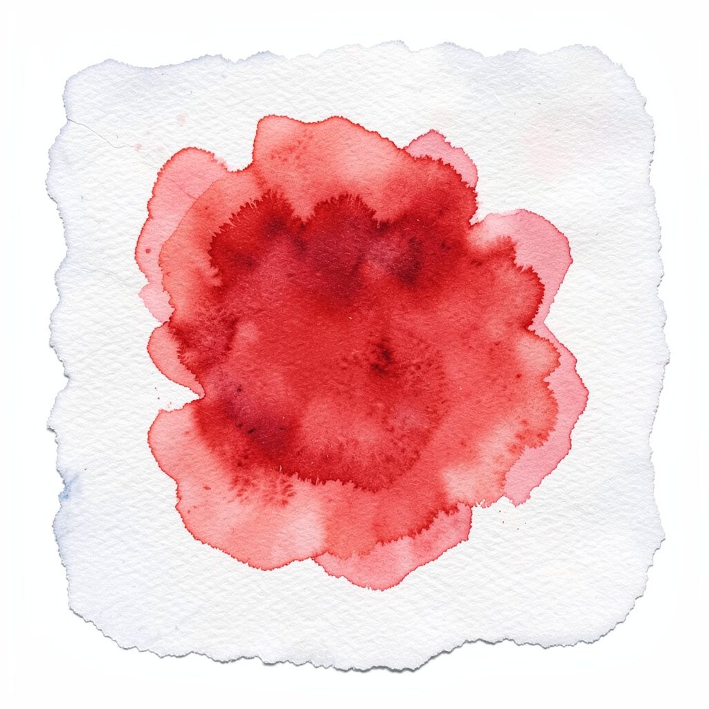 Watercolor painting of a quilt block in cool blues and creams with subtle red accents